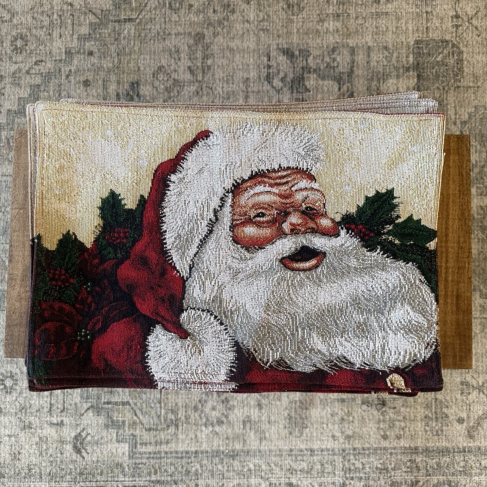 Santa Clause Tapestry Placemats Poinsettia Red Green Cream White Set Of 12